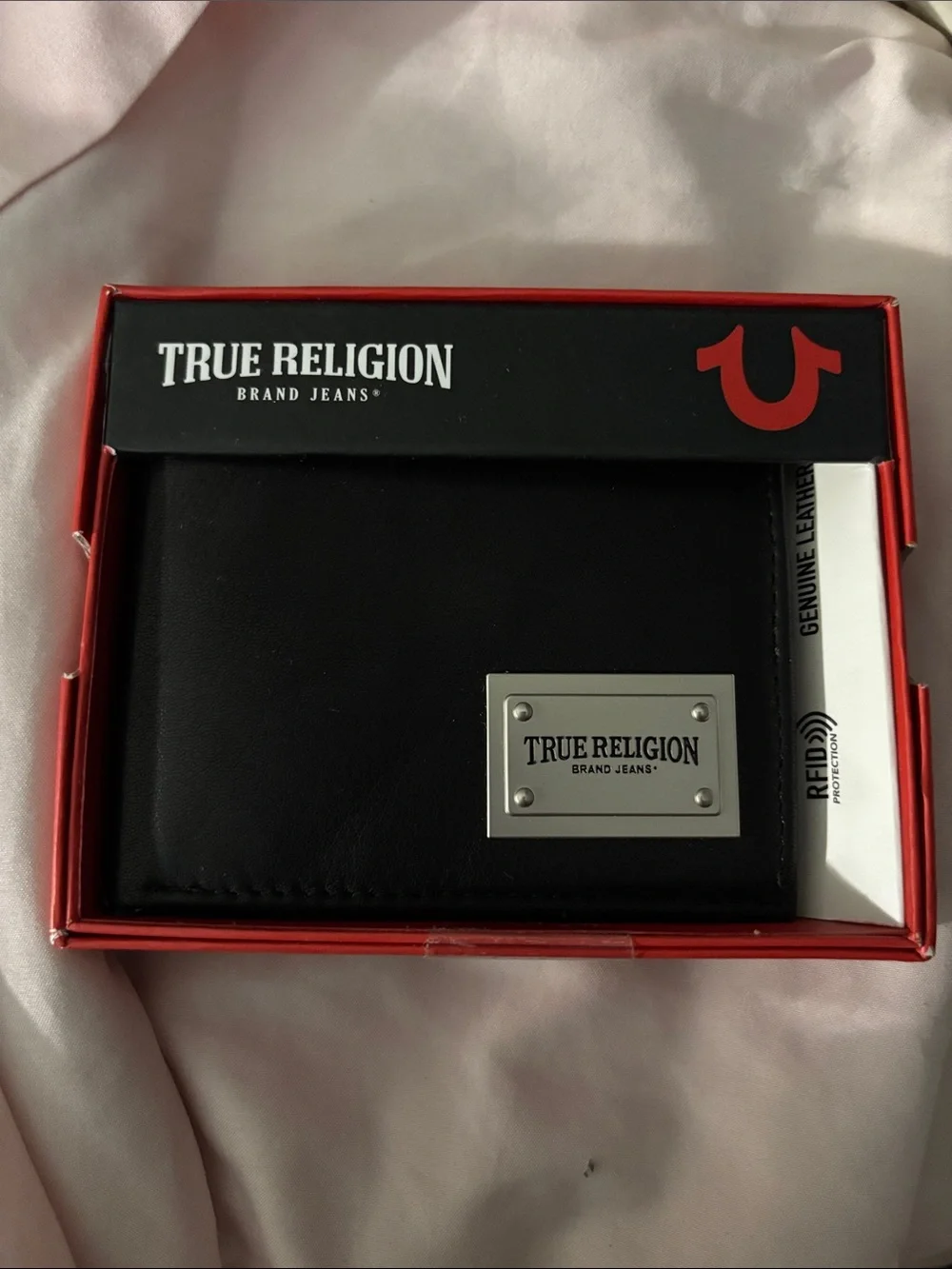 True Religion Black Men’s Bifold Wallet with Red Trim RFID Safe